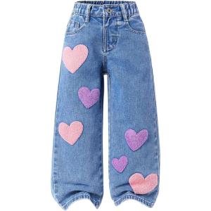 image:imageSOLY HUX Toddler Girls Cute Heart Embroidery Jeans High Elastic Waist Wide Leg Denim PantsBlue Heart