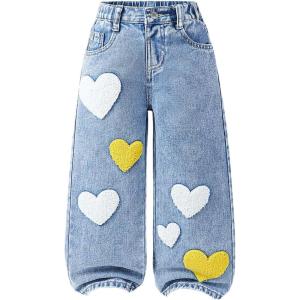 image:imageSOLY HUX Toddler Girls Cute Heart Embroidery Jeans High Elastic Waist Wide Leg Denim PantsLight Blue Heart Embroidery