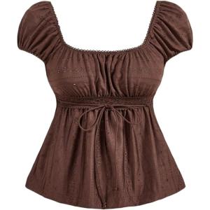 image:imageSOLY HUX Womens Square Neck Short Sleeve Peplum Tops Tie Front Summer Teen Girls Babydoll Top T ShirtPure Brown