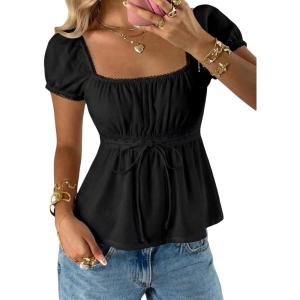 image:imageSOLY HUX Womens Square Neck Short Sleeve Peplum Tops Tie Front Summer Teen Girls Babydoll Top T ShirtSolid Black