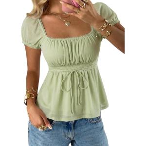 image:imageSOLY HUX Womens Square Neck Short Sleeve Peplum Tops Tie Front Summer Teen Girls Babydoll Top T ShirtSolid Green