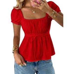 image:imageSOLY HUX Womens Square Neck Short Sleeve Peplum Tops Tie Front Summer Teen Girls Babydoll Top T ShirtSolid Red