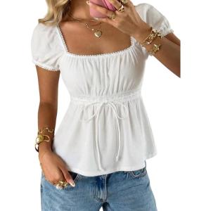 image:imageSOLY HUX Womens Square Neck Short Sleeve Peplum Tops Tie Front Summer Teen Girls Babydoll Top T ShirtSolid White