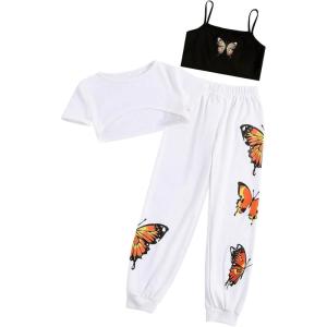image:imageSOLY HUX Girls Butterfly Print Cami Tops amp High Low Hem Short Sleeve T Shirt with Sweatpants 3 PieceWhite Butterfly  Thickening Type
