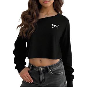 image:imageSOLY HUX Girls Off The Shoulder Sweatshirt Tops Long Sleeve T Shirts Cute Crop Pullover TopsBlack Bow
