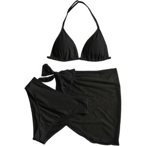 image:imageSOLY HUX Girls Summer Swimsuit Set Floral Halter Triangle Bikini Set with Wrap Skirts BeachwearPure Black