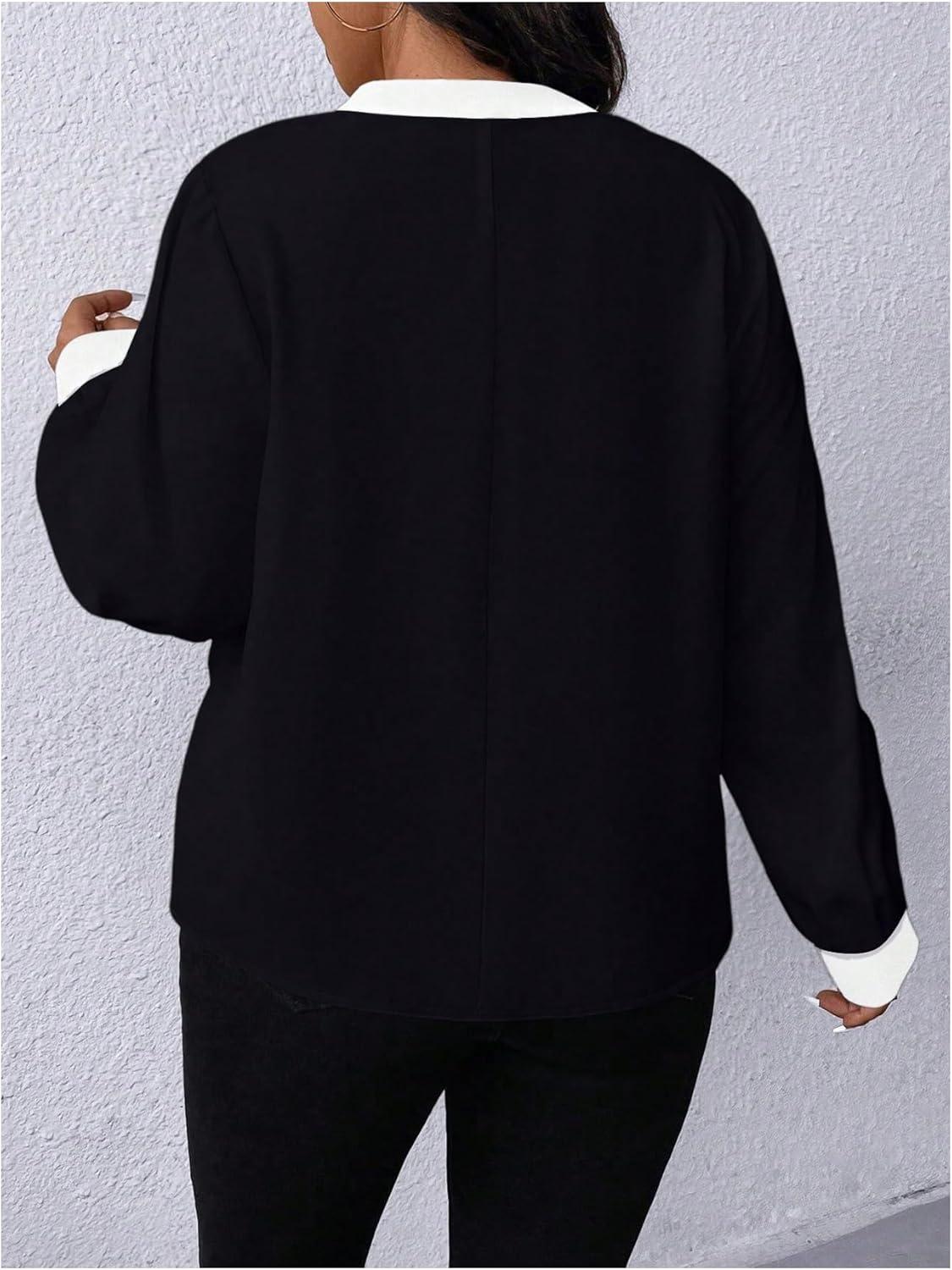 image:imageSOLY HUX Womens Plus Size Tops Notched V Neck Long Sleeve Color Block Casual Work BlouseBlack Colorblock
