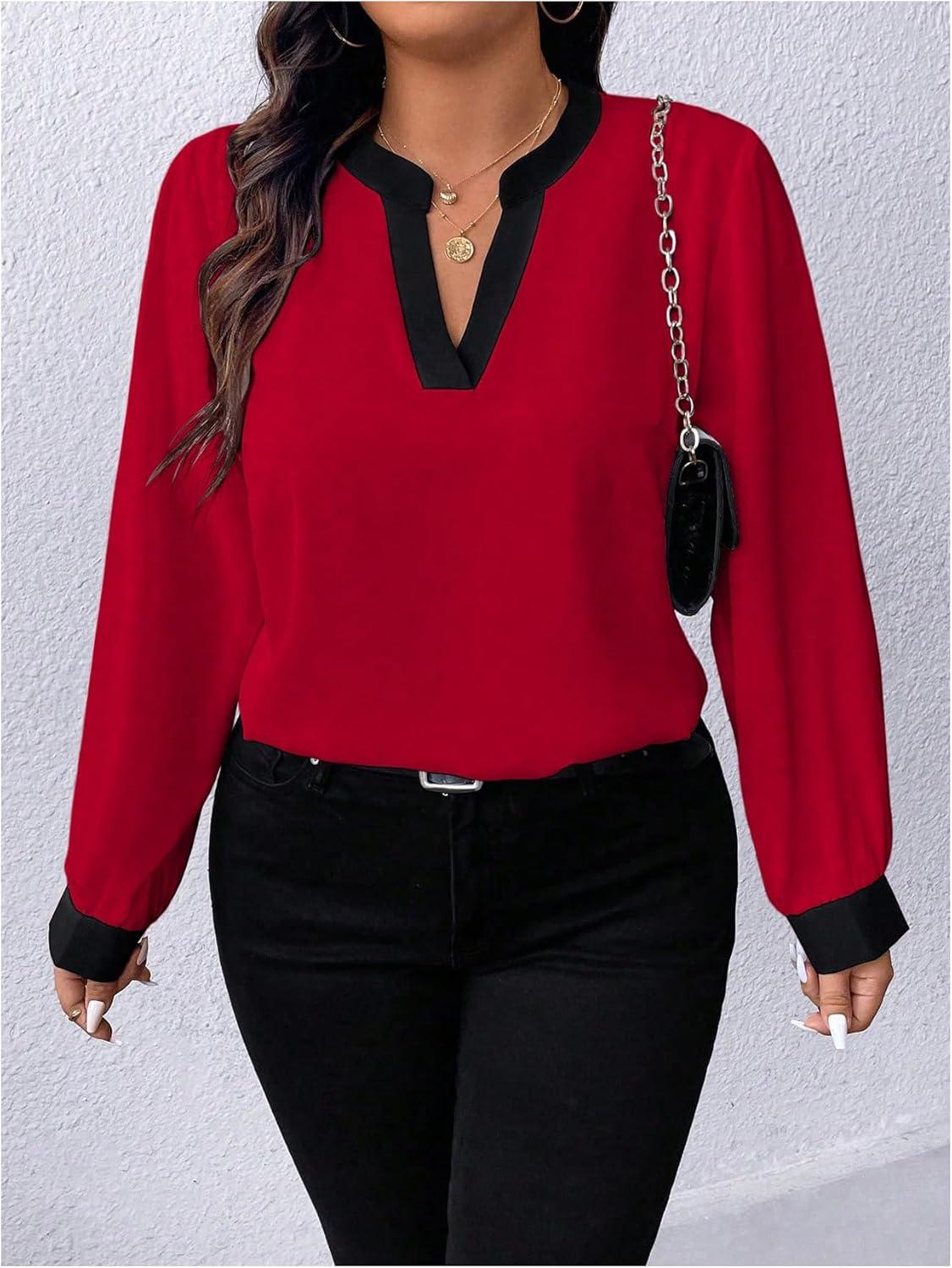 image:imageSOLY HUX Womens Plus Size Tops Notched V Neck Long Sleeve Color Block Casual Work BlouseRed Colorblock