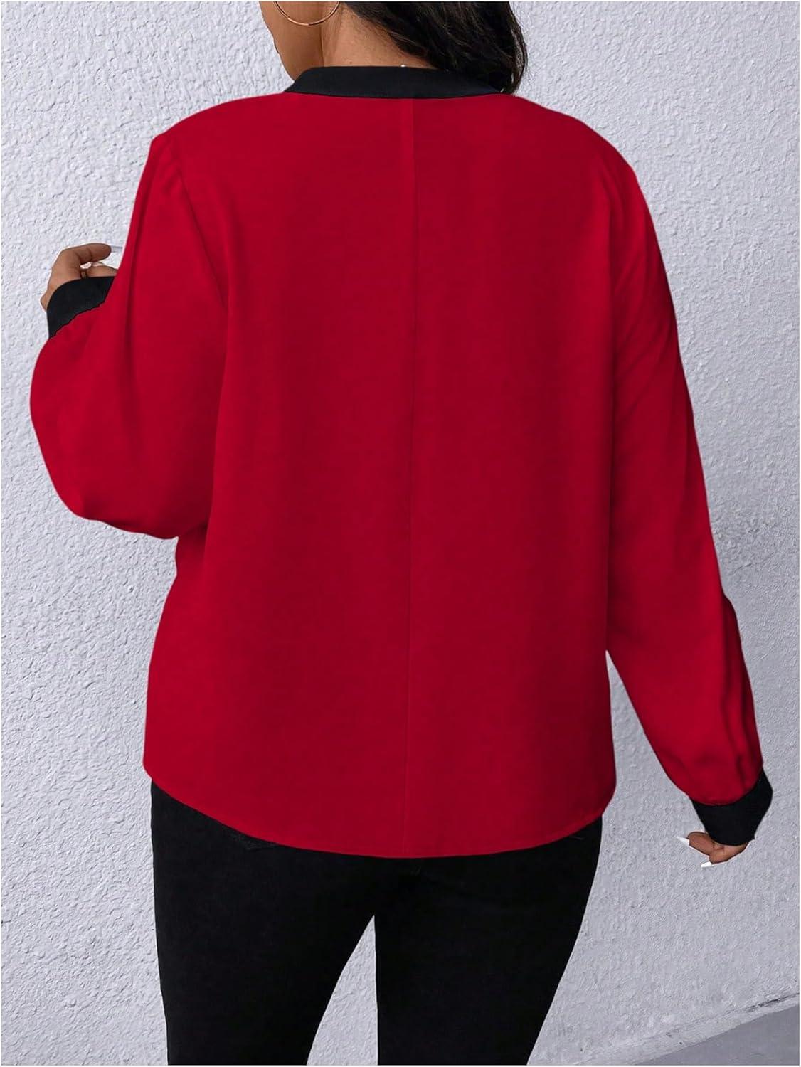 image:imageSOLY HUX Womens Plus Size Tops Notched V Neck Long Sleeve Color Block Casual Work BlouseRed Colorblock
