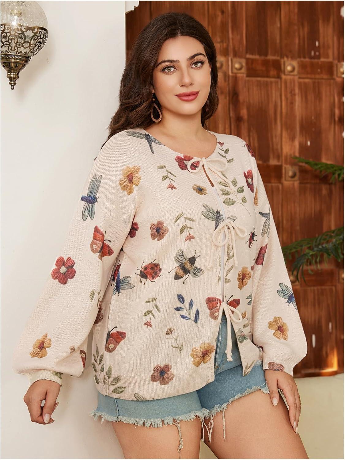 image:imageSOLY HUX Womens Plus Size Vintage Floral Print Lace Up Cardigan Sweater Long Sleeve Knitted Retro OuterwearApricot Floral