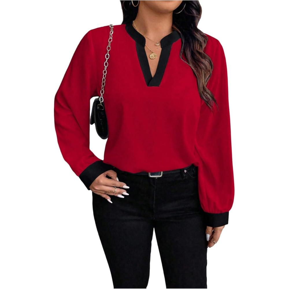 image:imageSOLY HUX Womens Plus Size Tops Notched V Neck Long Sleeve Color Block Casual Work BlouseRed Colorblock