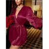 image:imageSOLY HUX Womens Lace Sheer Satin Robe Silk Kimono Bridesmaid Robes Sleepwear with BeltedPure Burgundy