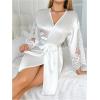 image:imageSOLY HUX Womens Lace Sheer Satin Robe Silk Kimono Bridesmaid Robes Sleepwear with BeltedPure White