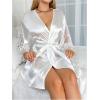 image:imageSOLY HUX Womens Lace Sheer Satin Robe Silk Kimono Bridesmaid Robes Sleepwear with BeltedPure White
