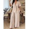 image:imageSOLY HUX Womens Plus Size 2 Piece Outfit Plaid V Neck Shirt and Wide Leg Pants Vacation SetKhaki Plaid