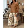 image:imageSOLY HUX Womens Plus Size 2 Piece Vacation Outfits Off The Shoulder 34 Sleeve Top and Boho Print Pants SetBrown Tropical