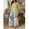 image:imageSOLY HUX Womens Plus Size 2 Piece Vacation Outfits Off The Shoulder 34 Sleeve Top and Boho Print Pants SetGreen Leaf