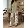 image:imageSOLY HUX Womens Plus Size 2 Piece Vacation Outfits Off The Shoulder 34 Sleeve Top and Boho Print Pants SetGreen Tropical