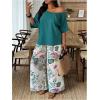 image:imageSOLY HUX Womens Plus Size 2 Piece Vacation Outfits Off The Shoulder 34 Sleeve Top and Boho Print Pants SetMulticolor