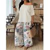 image:imageSOLY HUX Womens Plus Size 2 Piece Vacation Outfits Off The Shoulder 34 Sleeve Top and Boho Print Pants SetMulticolor Leaf Print