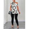 image:imageSOLY HUX Womens Plus Size Blouse Printed Off The Shoulder Short Sleeve Asymmetric Neck Belted Summer TopsBlack and White Printed