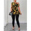image:imageSOLY HUX Womens Plus Size Blouse Printed Off The Shoulder Short Sleeve Asymmetric Neck Belted Summer TopsYellow Geometric