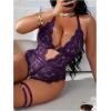 image:imageSOLY HUX Womens Plus Size Lace Lingerie Set Deep V Neck Teddy Bodysuit Babydoll Nightwear with Leg RingPure Purple