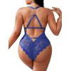 image:imageSOLY HUX Womens Plus Size Lace Lingerie Set Deep V Neck Teddy Bodysuit Babydoll Nightwear with Leg RingPure Royal Blue