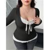 image:imageSOLY HUX Womens Plus Size Long Sleeve TShirts 2 in 1 Tie Front Fitted Tee Tops Coquette Aesthetic ClothesBlack and White