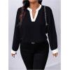 image:imageSOLY HUX Womens Plus Size Tops Notched V Neck Long Sleeve Color Block Casual Work BlouseBlack Colorblock