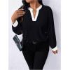 image:imageSOLY HUX Womens Plus Size Tops Notched V Neck Long Sleeve Color Block Casual Work BlouseBlack Colorblock
