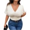image:imageSOLY HUX Womens Plus Size V Neck Tummy Control Bodysuit Short Sleeve Ruched Leopard TopsSolid Apricot