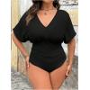 image:imageSOLY HUX Womens Plus Size V Neck Tummy Control Bodysuit Short Sleeve Ruched Leopard TopsSolid Black