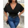 image:imageSOLY HUX Womens Plus Size V Neck Tummy Control Bodysuit Short Sleeve Ruched Leopard TopsSolid Black