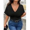 image:imageSOLY HUX Womens Plus Size V Neck Tummy Control Bodysuit Short Sleeve Ruched Leopard TopsSolid Black