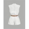 image:imageSOLY HUX Womens Summer Ruched Mock Neck Romper Elegant Cap Sleeve Belted Work Short JumpsuitsPure White