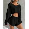 image:imageSOLY HUX Womens Sweatsuits 2 Piece Lounge Set Off The Shoulder Long Sleeve Crop Top and Shorts OutfitsSolid Black