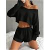 image:imageSOLY HUX Womens Sweatsuits 2 Piece Lounge Set Off The Shoulder Long Sleeve Crop Top and Shorts OutfitsSolid Black