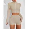 image:imageSOLY HUX Womens Tracksuits 3 Piece Yoga Workout Set Zip Up Crop Jacket Camisole Top and Biker Shorts Sports ClothesSolid Khaki