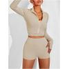 image:imageSOLY HUX Womens Tracksuits 3 Piece Yoga Workout Set Zip Up Crop Jacket Camisole Top and Biker Shorts Sports ClothesSolid Khaki