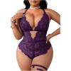 image:imageSOLY HUX Womens Plus Size Lace Lingerie Set Deep V Neck Teddy Bodysuit Babydoll Nightwear with Leg RingPure Purple