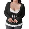 image:imageSOLY HUX Womens Plus Size Long Sleeve TShirts 2 in 1 Tie Front Fitted Tee Tops Coquette Aesthetic ClothesBlack and White