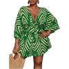 image:imageSOLY HUX Womens Plus Size Romper Striped V Neck Tie Front 34 Sleeve Loose Short JumpsuitGreen Print