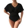 image:imageSOLY HUX Womens Plus Size V Neck Tummy Control Bodysuit Short Sleeve Ruched Leopard TopsSolid Black