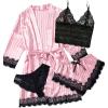 image:imageSOLY HUX Womens Satin Pajama Set Lace Striped Cami Top and Shorts Panty with Robes 4 Piece Pjs SleepwearPink Multi