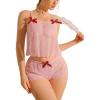 image:imageSOLY HUX Womens Sexy Sheer Mesh Pajama Bowknot Camisole Top and Shorts 2 Piece Cute Heart Print See Through Lingerie SetPink Heart