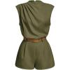 image:imageSOLY HUX Womens Summer Ruched Mock Neck Romper Elegant Cap Sleeve Belted Work Short JumpsuitsPure Army Green