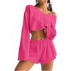 image:imageSOLY HUX Womens Sweatsuits 2 Piece Lounge Set Off The Shoulder Long Sleeve Crop Top and Shorts OutfitsHot Pink