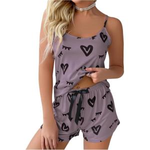 image:imageSOLY HUX Cute Pajama Sets for Women 2 Piece Heart Print Sleepwear Cami Tops and Shorts Summer LoungewearMauve Purple Heart