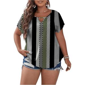 image:imageSOLY HUX Plus Size Blouses for Curvy Women Cute Boho Striped Print Shirts V Neck Casual Summer Blouses TShirts TopsArmy Green Multi